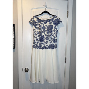 Tadashi Shoji Embroidered Lace Fit & Flare Midi Dress with Boat Neck, Cap Sleeve